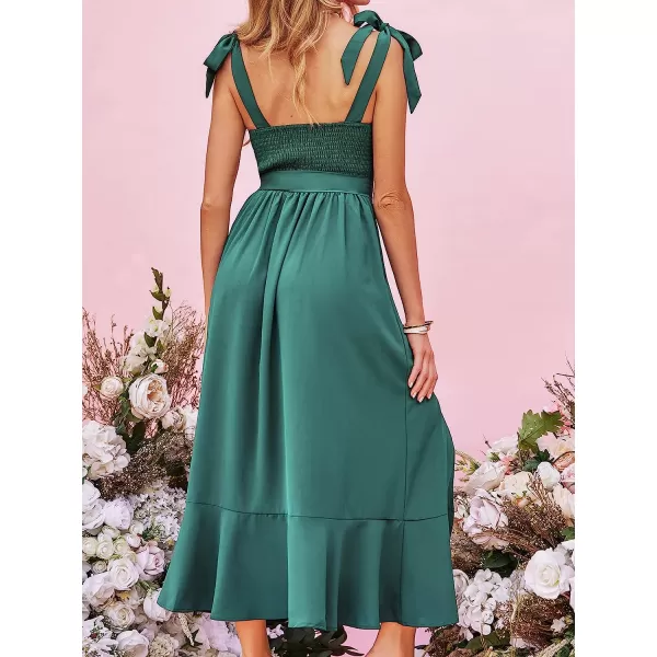 imageCUPSHE X Madison Womens Love Belted Tie Strap Dress Pleated Smocking Slit Formal Dress Maxi DressGreen