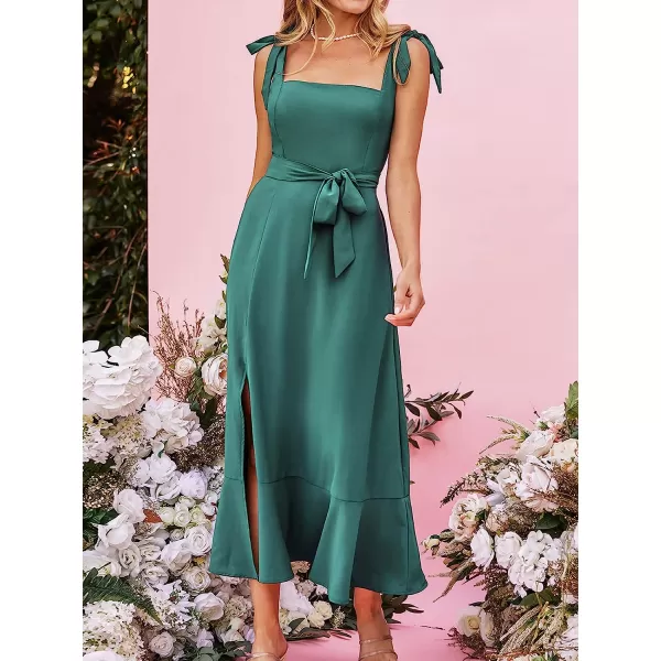 imageCUPSHE X Madison Womens Love Belted Tie Strap Dress Pleated Smocking Slit Formal Dress Maxi DressGreen