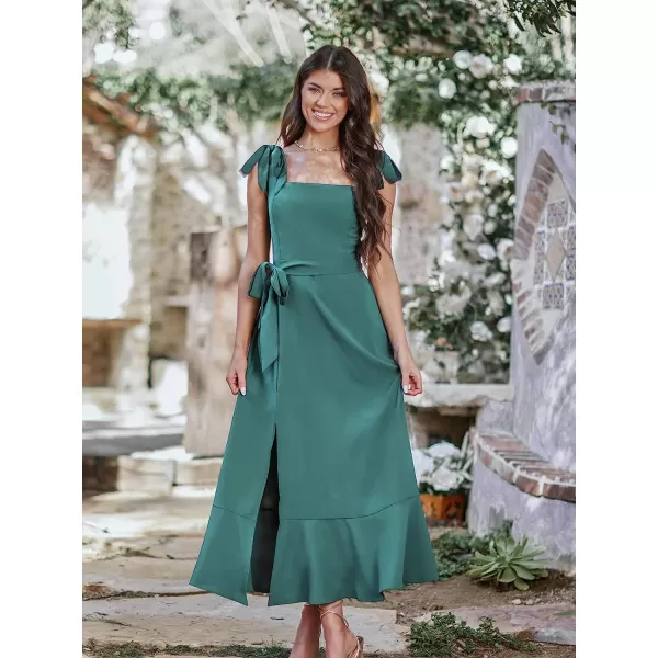 imageCUPSHE X Madison Womens Love Belted Tie Strap Dress Pleated Smocking Slit Formal Dress Maxi DressGreen
