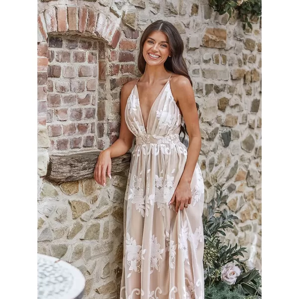 imageCUPSHE X Madison Womens Love Cross Back Maxi Dress V Neck Lace Appliques Formal Dress A Line Long DressChampagne