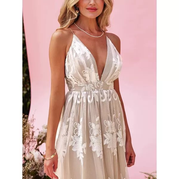 imageCUPSHE X Madison Womens Love Cross Back Maxi Dress V Neck Lace Appliques Formal Dress A Line Long DressChampagne