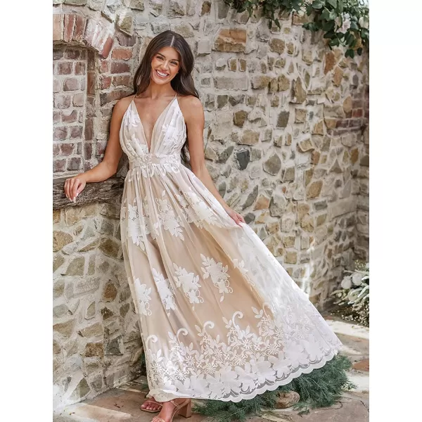 imageCUPSHE X Madison Womens Love Cross Back Maxi Dress V Neck Lace Appliques Formal Dress A Line Long DressChampagne