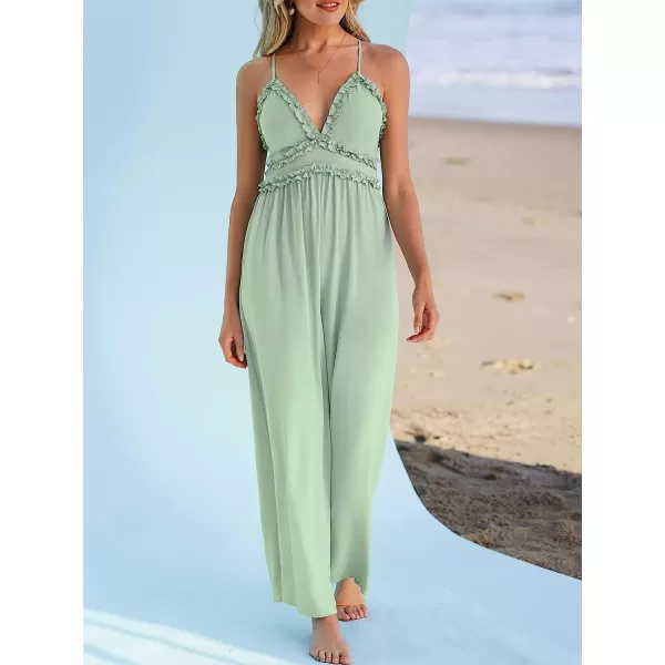 imageCUPSHE X Madison Womens Sleeveless V Neck Ruffled Cami Romper Cross Back High Waist Loose Long Maxi JumpsuitMint Green