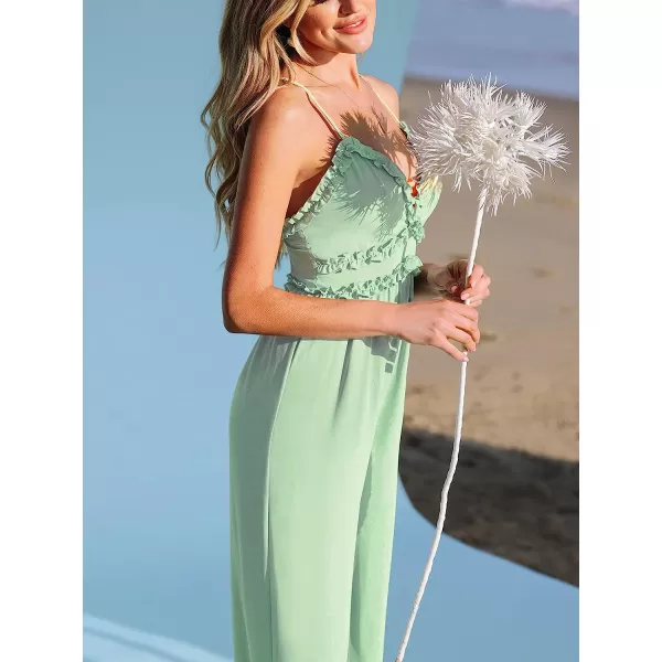imageCUPSHE X Madison Womens Sleeveless V Neck Ruffled Cami Romper Cross Back High Waist Loose Long Maxi JumpsuitMint Green