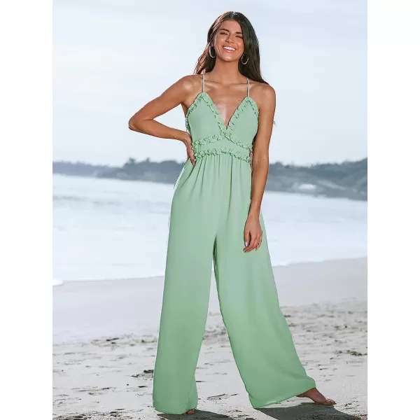imageCUPSHE X Madison Womens Sleeveless V Neck Ruffled Cami Romper Cross Back High Waist Loose Long Maxi JumpsuitMint Green