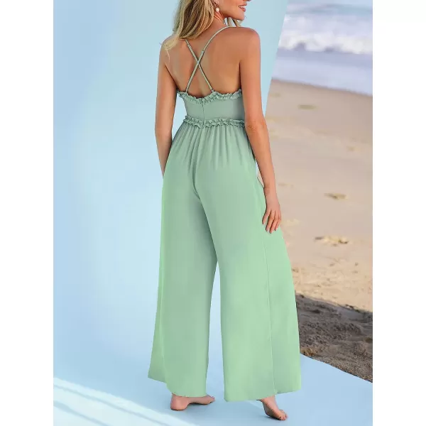 imageCUPSHE X Madison Womens Sleeveless V Neck Ruffled Cami Romper Cross Back High Waist Loose Long Maxi JumpsuitMint Green