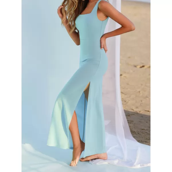 imageCUPSHE X Madison Womens Square Neck Long Dress Formal Dress Sleeveless Strap Side Slit Fitted Long Maxi DressOcean Blue