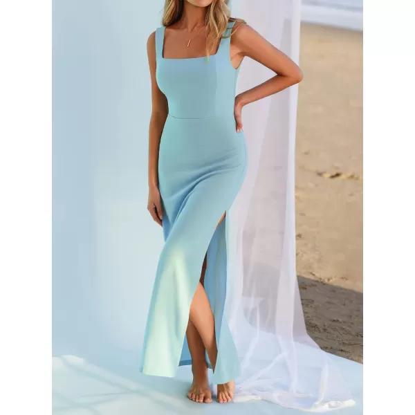 imageCUPSHE X Madison Womens Square Neck Long Dress Formal Dress Sleeveless Strap Side Slit Fitted Long Maxi DressOcean Blue