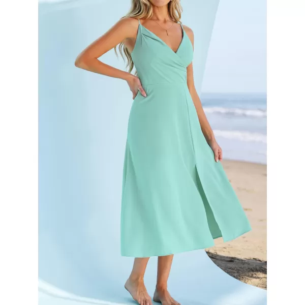 imageCUPSHE X Madison Womens V Neck Leg Slit Wedding Midi Dress Sleeveless Pleated Dress Summer Dress Flowy DressGreen