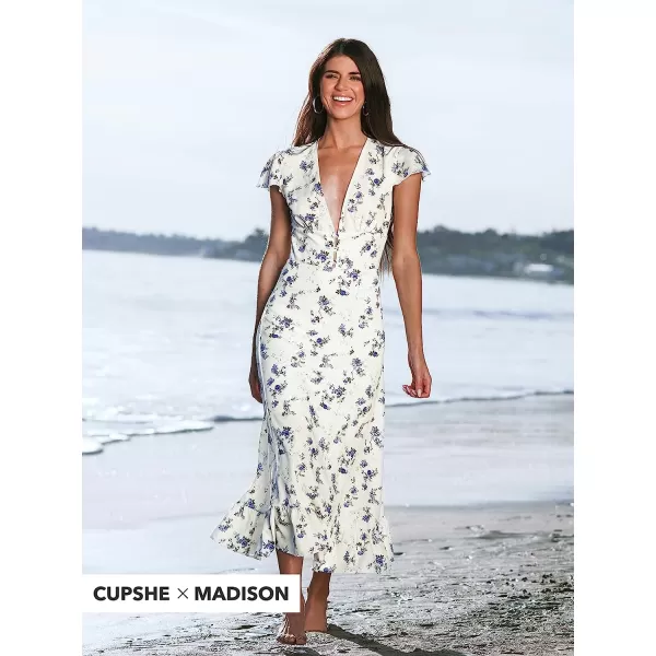 imageCUPSHE X Madison Womens V Neck Ruffle Cap Sleeve Long Dress Floral Print Formal Dress Button Front Ruffled Maxi DressWhite