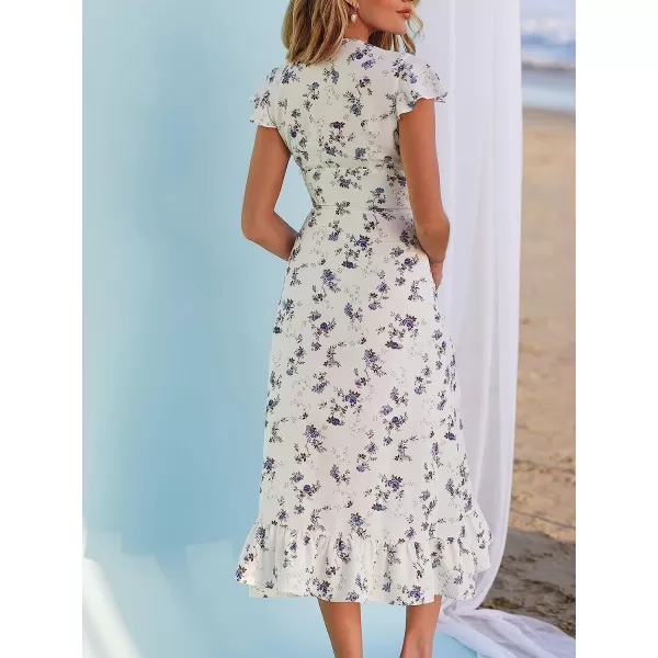 imageCUPSHE X Madison Womens V Neck Ruffle Cap Sleeve Long Dress Floral Print Formal Dress Button Front Ruffled Maxi DressWhite