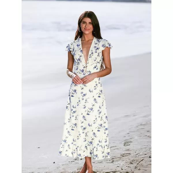 imageCUPSHE X Madison Womens V Neck Ruffle Cap Sleeve Long Dress Floral Print Formal Dress Button Front Ruffled Maxi DressWhite