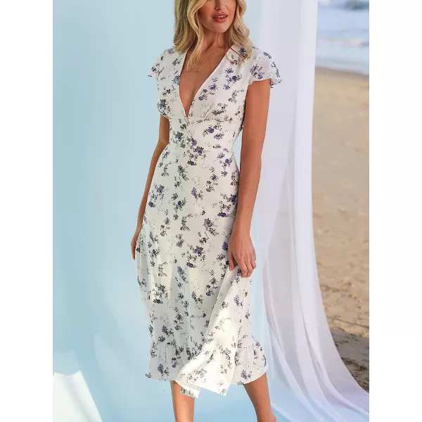 imageCUPSHE X Madison Womens V Neck Ruffle Cap Sleeve Long Dress Floral Print Formal Dress Button Front Ruffled Maxi DressWhite