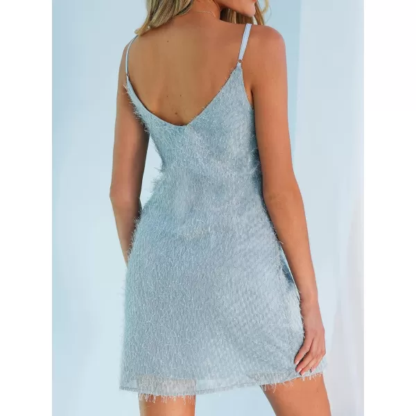 imageCUPSHE X Madison Womens V Neck Short Dress Adjustable Cami Strap Fringe Slip Formal Dress Mini DressOcean Blue