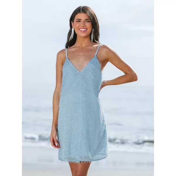 imageCUPSHE X Madison Womens V Neck Short Dress Adjustable Cami Strap Fringe Slip Formal Dress Mini DressOcean Blue