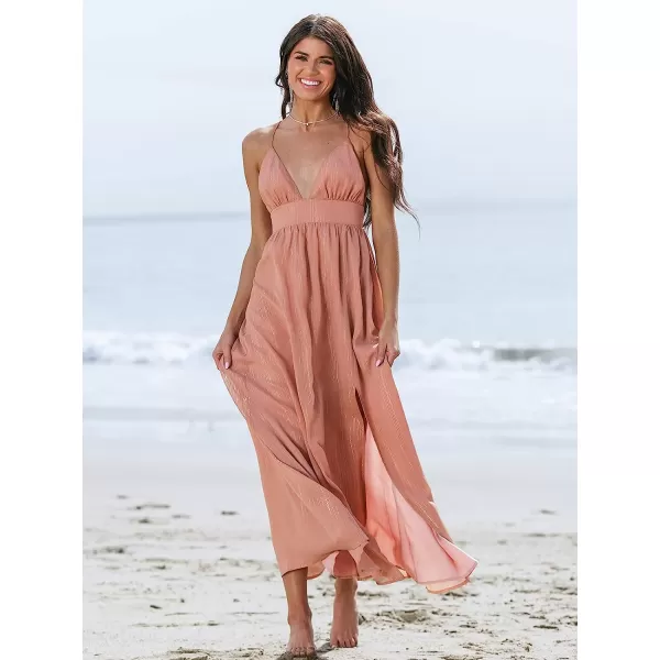 imageCUPSHE X Madison Womens V Neck Sleeveless Dress Metallic Pleated Formal Dress Laceup Side Slit Long Maxi DressPink