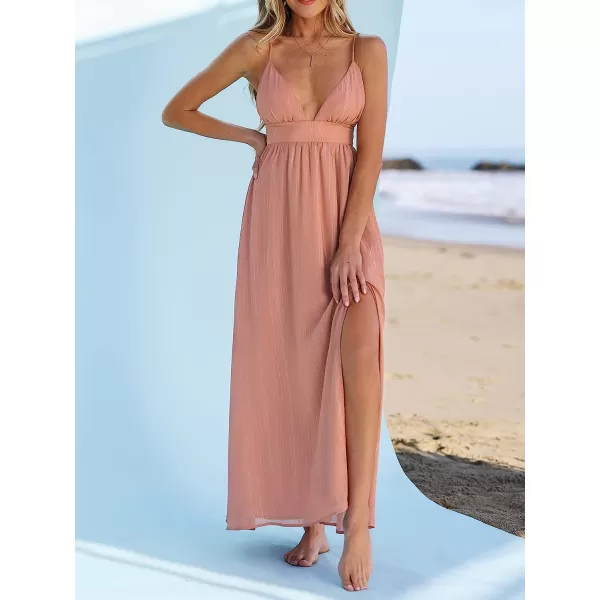imageCUPSHE X Madison Womens V Neck Sleeveless Dress Metallic Pleated Formal Dress Laceup Side Slit Long Maxi DressPink