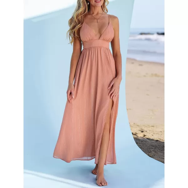 imageCUPSHE X Madison Womens V Neck Sleeveless Dress Metallic Pleated Formal Dress Laceup Side Slit Long Maxi DressPink