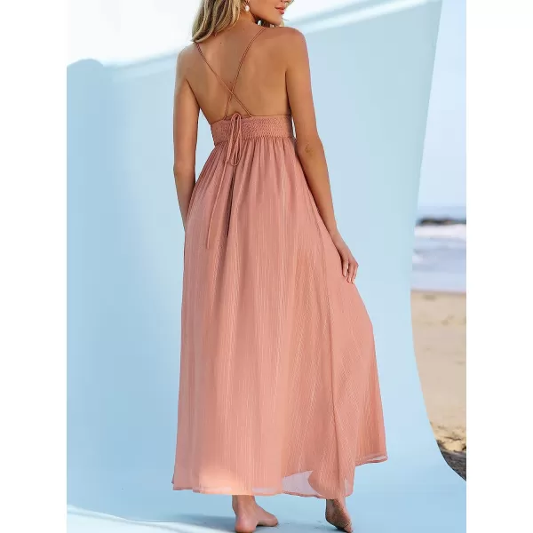 imageCUPSHE X Madison Womens V Neck Sleeveless Dress Metallic Pleated Formal Dress Laceup Side Slit Long Maxi DressPink
