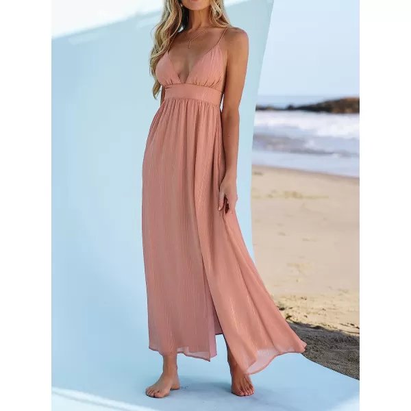 imageCUPSHE X Madison Womens V Neck Sleeveless Dress Metallic Pleated Formal Dress Laceup Side Slit Long Maxi DressPink