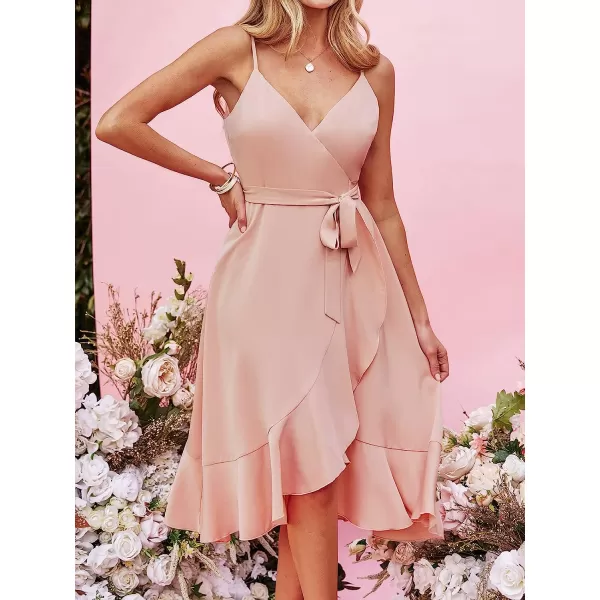 imageCUPSHE X Madison Womens V Neck Tie Side Waist Ruffled Tulip Hem Dress Honeymoon Ruffled Wrap Midi DressPink