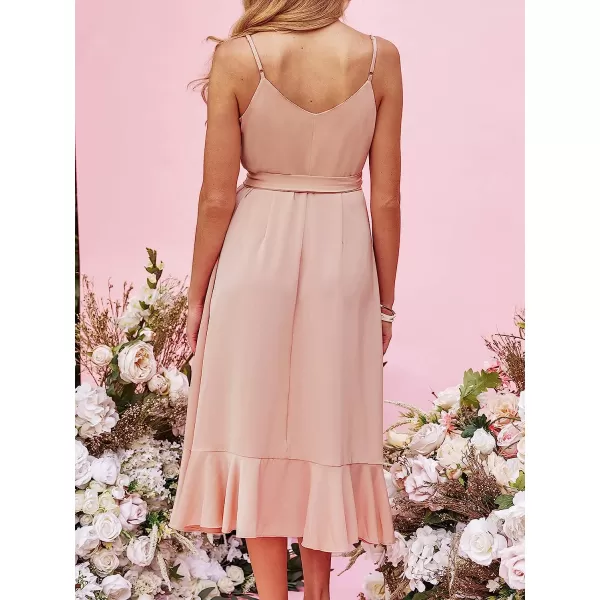 imageCUPSHE X Madison Womens V Neck Tie Side Waist Ruffled Tulip Hem Dress Honeymoon Ruffled Wrap Midi DressPink
