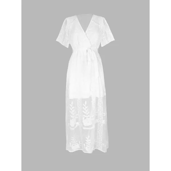 imageCUPSHE X Madison Womens V Neck Tiered Lace Wedding Maxi Dress Sleeveless Pleated Dress Summer Dress Flowy DressWhite