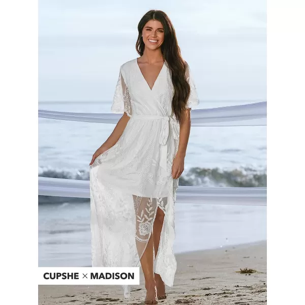 imageCUPSHE X Madison Womens V Neck Tiered Lace Wedding Maxi Dress Sleeveless Pleated Dress Summer Dress Flowy DressWhite