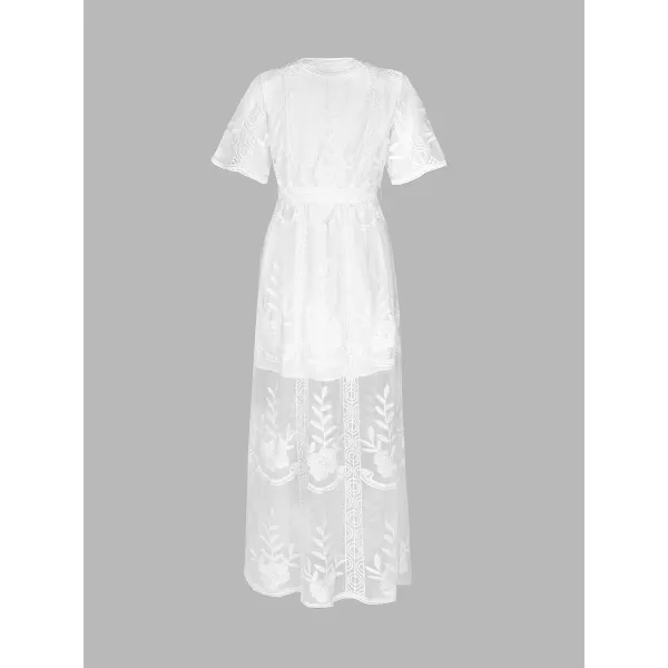 imageCUPSHE X Madison Womens V Neck Tiered Lace Wedding Maxi Dress Sleeveless Pleated Dress Summer Dress Flowy DressWhite