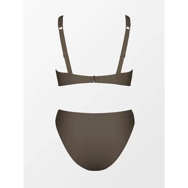 imageCUPSHE X STASSIE Bikini Set for Women Two Piece Swimsuits Adjustable Straps V Neck Back Hook VWire Cheeky BottomBrown