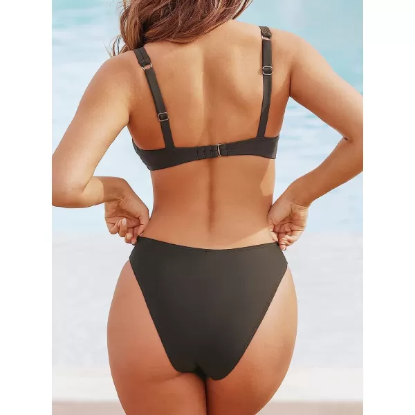 imageCUPSHE X STASSIE Bikini Set for Women Two Piece Swimsuits Adjustable Straps V Neck Back Hook VWire Cheeky BottomBrown