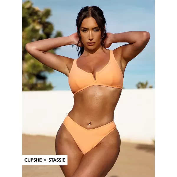 imageCUPSHE X STASSIE Bikini Set for Women Two Piece Swimsuits Adjustable Straps V Neck Back Hook VWire Cheeky BottomOrange