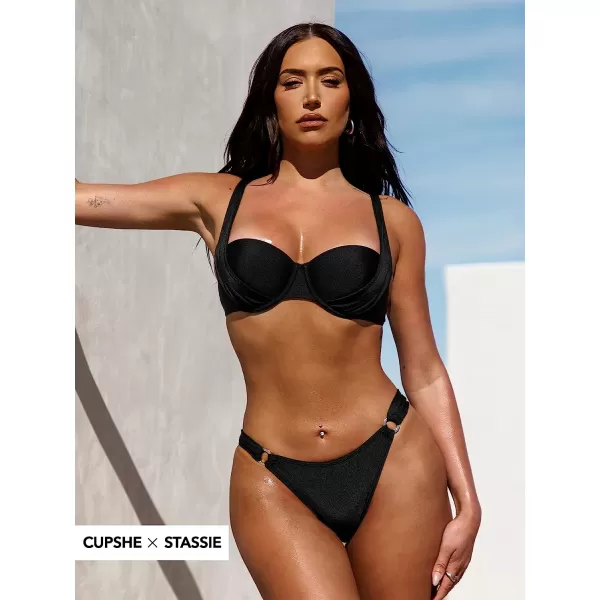 imageCUPSHE X STASSIE Bikini Set for Women Two Piece Swimsuits Low Rise Adjustable Straps Back Hook Push Up O Ring Cheeky BottomBlack