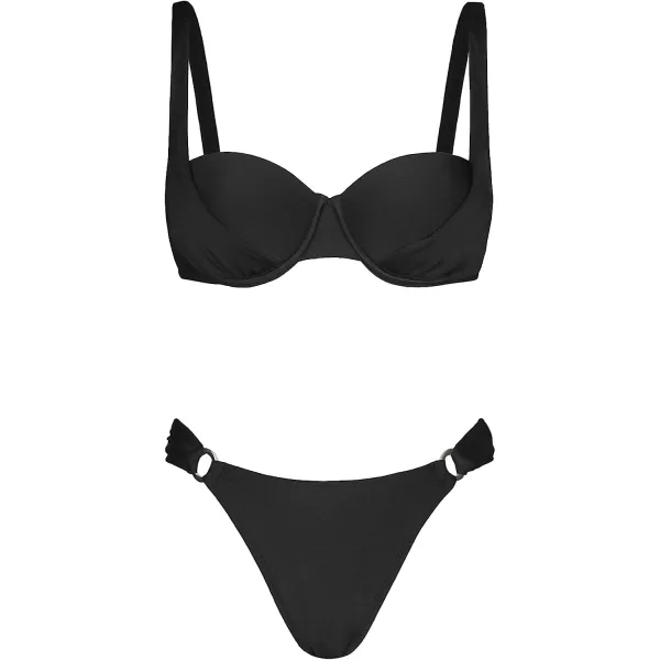 imageCUPSHE X STASSIE Bikini Set for Women Two Piece Swimsuits Low Rise Adjustable Straps Back Hook Push Up O Ring Cheeky BottomBlack