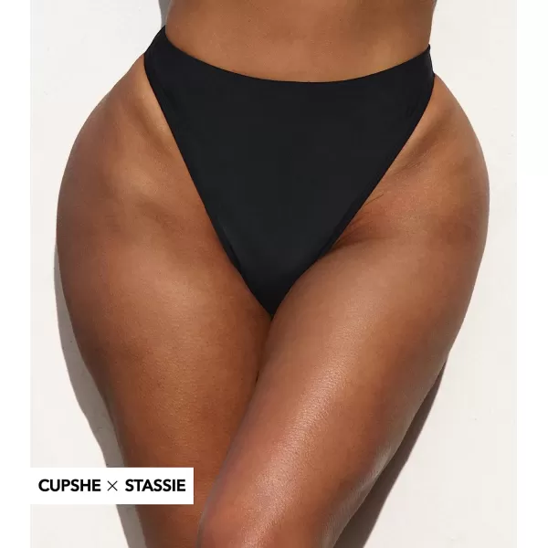 imageCUPSHE X STASSIE High Waisted Bikini Bottom for Women Swimsuit Extra Cheeky High Cut Bathing SuitsBlack