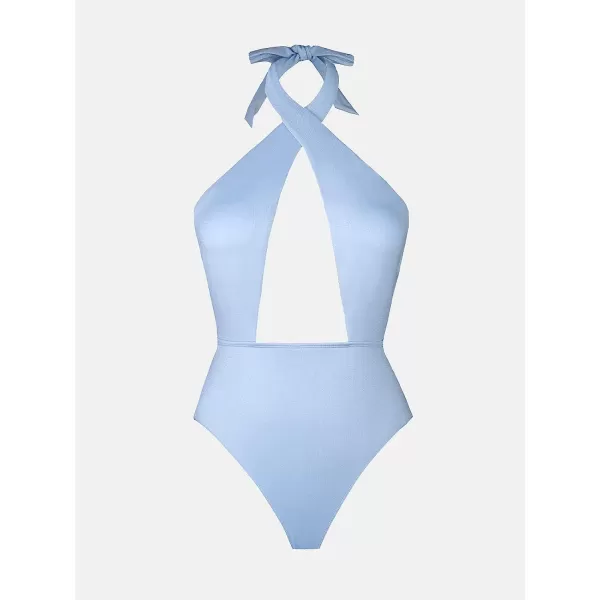 imageCUPSHE X STASSIE One Piece Swimsuit for Women Bathing Suits Front Cross Halter Self Tie Backless SwimwearBaby Blue