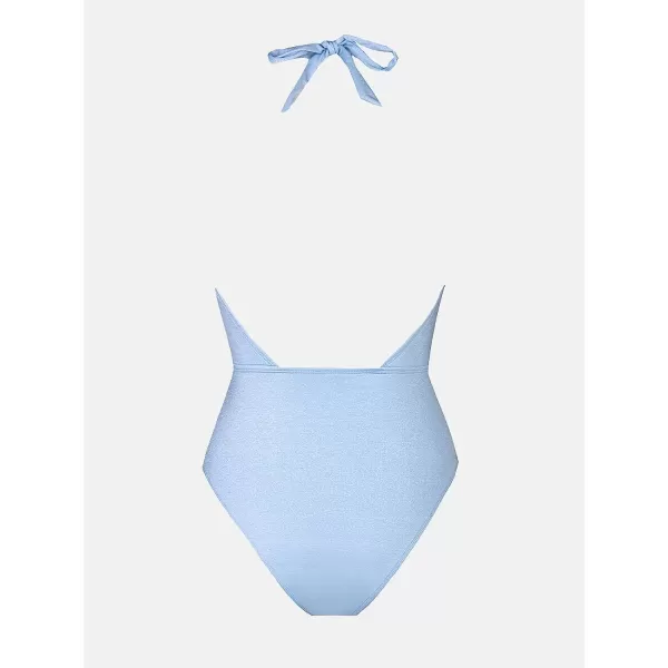 imageCUPSHE X STASSIE One Piece Swimsuit for Women Bathing Suits Front Cross Halter Self Tie Backless SwimwearBaby Blue