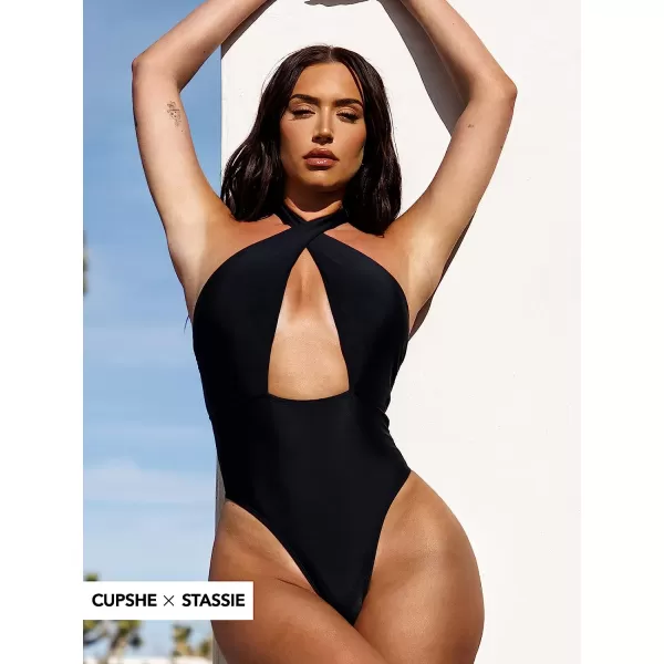 imageCUPSHE X STASSIE One Piece Swimsuit for Women Bathing Suits Front Cross Halter Self Tie Backless SwimwearBlack