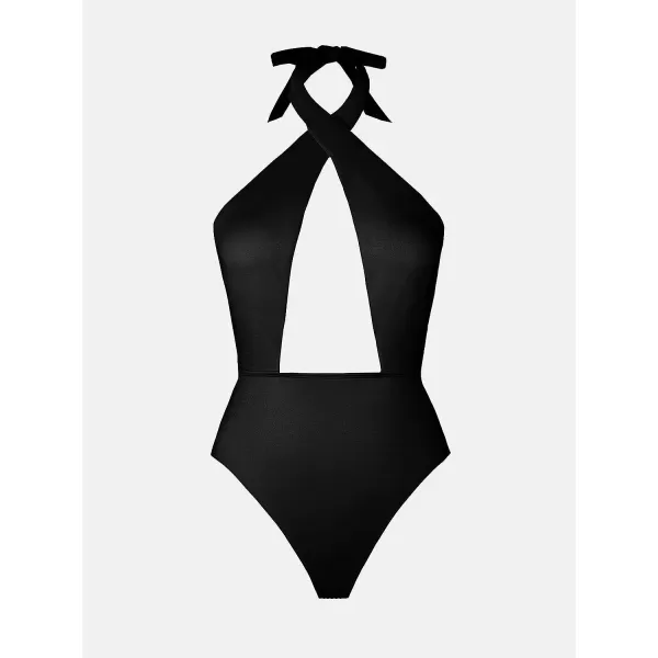 imageCUPSHE X STASSIE One Piece Swimsuit for Women Bathing Suits Front Cross Halter Self Tie Backless SwimwearBlack