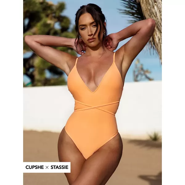 imageCUPSHE X STASSIE One Piece Swimsuit for Women Bathing Suits Plung V Neck Strappy Crisscorss LaceUp SwimwearLight Orange