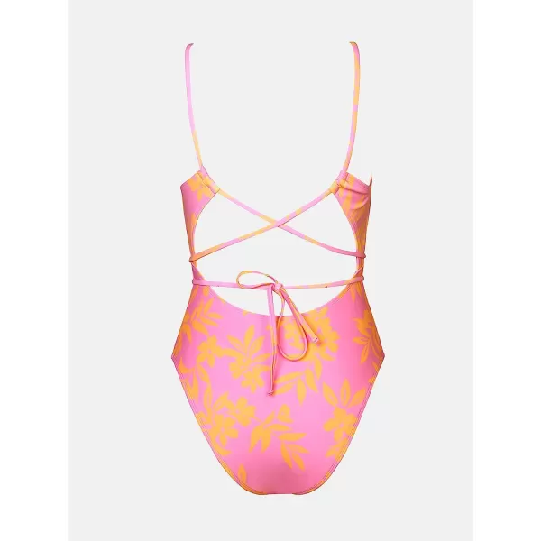 imageCUPSHE X STASSIE One Piece Swimsuit for Women Bathing Suits Plung V Neck Strappy Crisscorss LaceUp SwimwearRose and Floral Print