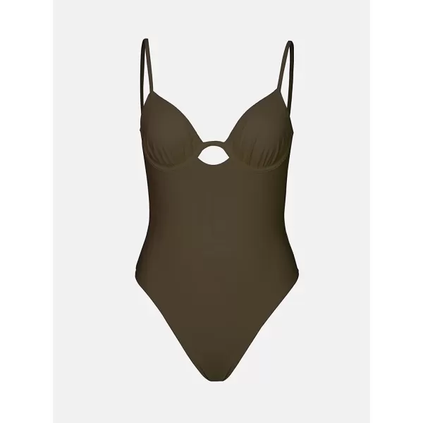 imageCUPSHE X STASSIE One Piece Swimsuit for Women Bathing Suits Ruched Cutout Back Tie with UnderwireBrown