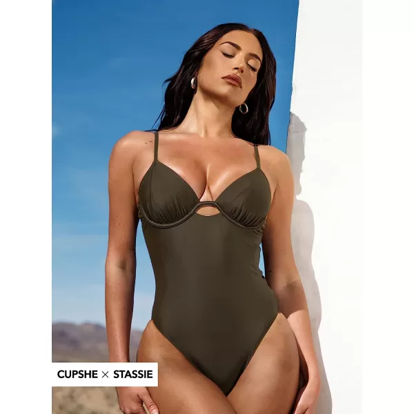 imageCUPSHE X STASSIE One Piece Swimsuit for Women Bathing Suits Ruched Cutout Back Tie with UnderwireBrown