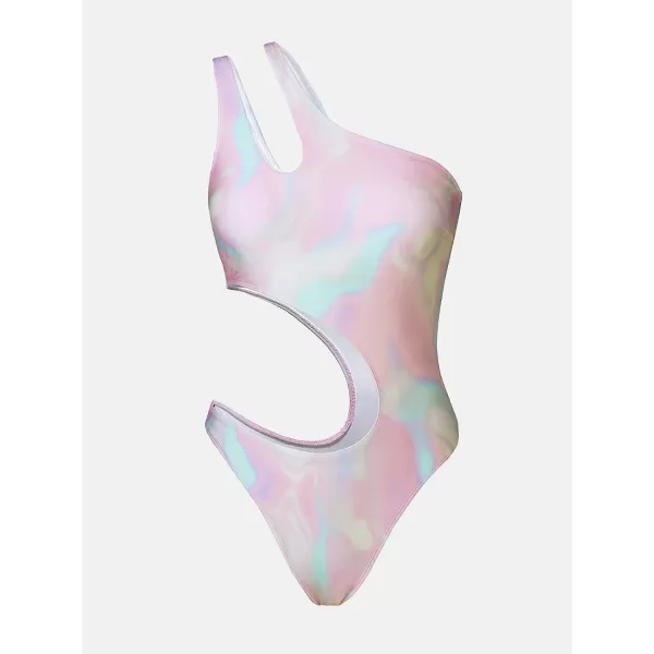 imageCUPSHE X STASSIE One Piece Swimsuit for Women One Shoulder Bathing Suits Cutout High Cut SwimwearPurple and Tie Dye