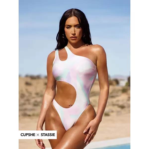 imageCUPSHE X STASSIE One Piece Swimsuit for Women One Shoulder Bathing Suits Cutout High Cut SwimwearPurple and Tie Dye