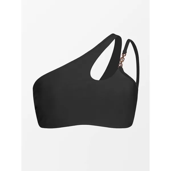 imageCUPSHE X STASSIE Women Bikini Tops Swimsuit Asymmetrical Neck Cutout Square Ring Chain Bathing SuitsBlack
