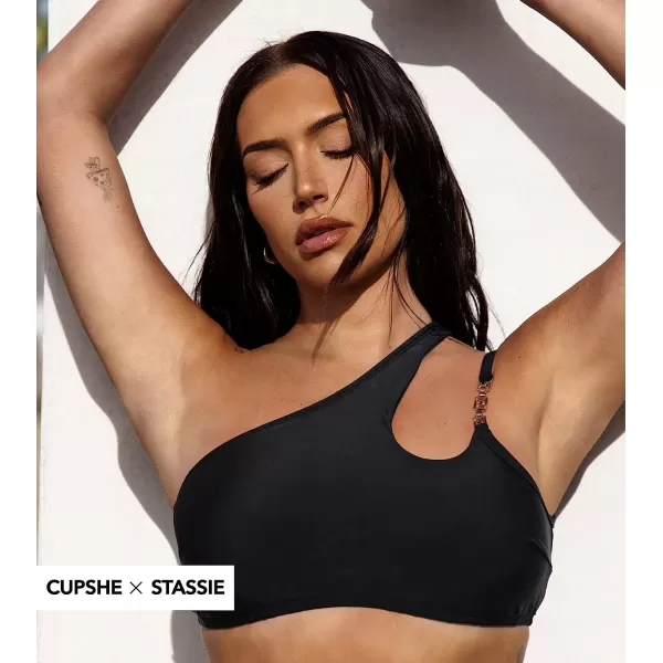 imageCUPSHE X STASSIE Women Bikini Tops Swimsuit Asymmetrical Neck Cutout Square Ring Chain Bathing SuitsBlack