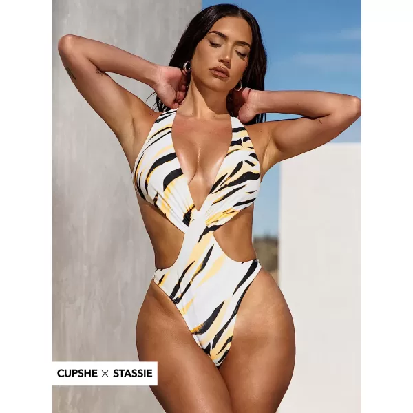 imageCUPSHE X STASSIE Women One Piece Swimsuit Deep V Neck Cutout Sides X Back Backless High Cut Cheeky Bathings SuitsMarble Print