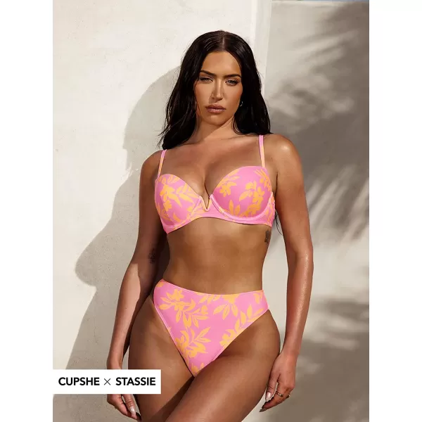 imageCUPSHE X STASSIE Women Swimsuit Bikini Set Two Piece Bathing Suit High Waisted Push Up Cheeky Bottom Water Ripple PrintPink