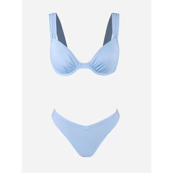 imageCUPSHE X STASSIE Women Swimsuit Bikini Set Two Piece Bathing Suit Sweetheart Neck Push Up V Cut Cheeky BottomLight Blue